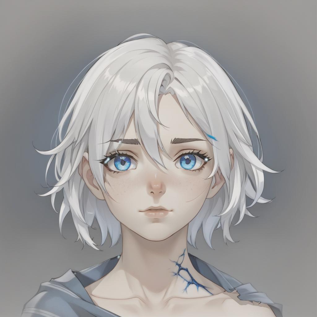  white haired girl with realistic scars with blue eyes, short hair