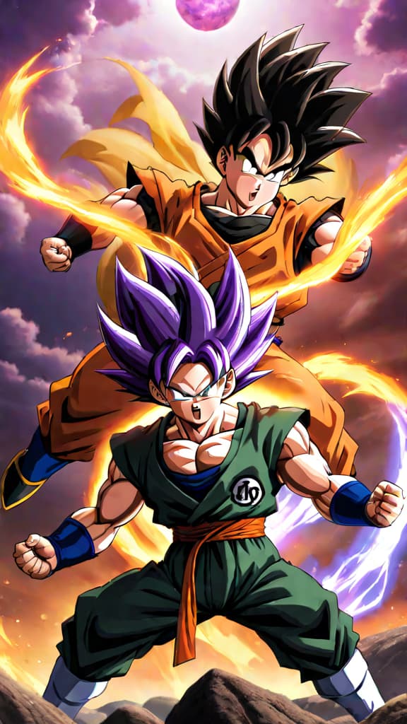  anime art: goten faces off against frieza saga versions of goku and vegeta in a fierce battle. hyperrealistic, full body, detailed clothing, highly detailed, cinematic lighting, stunningly beautiful, intricate, sharp focus, f/1. 8, 85mm, (centered image composition), (professionally color graded), ((bright soft diffused light)), volumetric fog, trending on instagram, trending on tumblr, HDR 4K, 8K