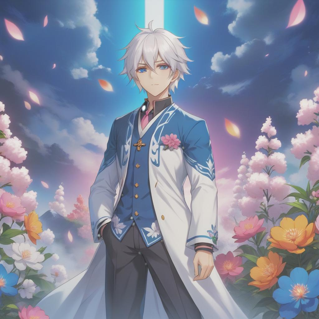  anime artwork the guy with white hair and pink eyes. gentle clothes with floral elements. palette of white and dark blue colors . anime style, key visual, vibrant, studio anime, highly detailed hyperrealistic, full body, detailed clothing, highly detailed, cinematic lighting, stunningly beautiful, intricate, sharp focus, f/1. 8, 85mm, (centered image composition), (professionally color graded), ((bright soft diffused light)), volumetric fog, trending on instagram, trending on tumblr, HDR 4K, 8K