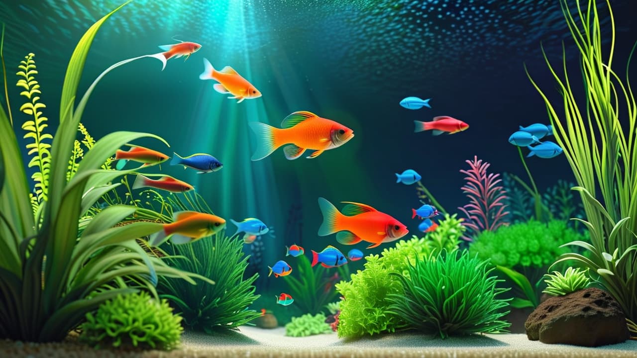  a serene aquarium scene with vibrant fish swimming among lush aquatic plants, gentle bubbles rising, soft lighting illuminating the water, and a cozy space with a comfortable chair nearby, inviting tranquility and reflection. hyperrealistic, full body, detailed clothing, highly detailed, cinematic lighting, stunningly beautiful, intricate, sharp focus, f/1. 8, 85mm, (centered image composition), (professionally color graded), ((bright soft diffused light)), volumetric fog, trending on instagram, trending on tumblr, HDR 4K, 8K