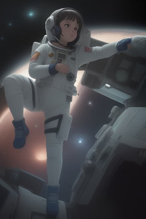  a girl astronaut exploring the cosmos, high quality detail, , anime screencap, studio ghibli style, illustration, high contrast, masterpiece, best quality