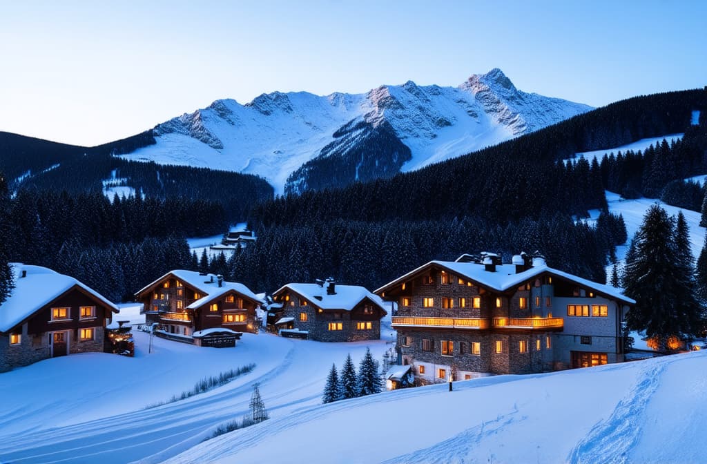  professional detailed photography, winter alpine landscape with snow covered houses and ski slopes at sunset, christmas ar 3:2, (muted colors, dim colors, soothing tones), (vsco:0.3)