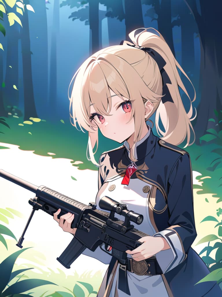  ((accurate & ultra detailed sniper rifle modeling:1.3))、(aiming at viewer with sniper rifle:1.3、blonde ponytail elf)、(military uniform with camouflage pattern:1.2)、in dark bush、sunlight through the trees、best quality:1.4、masterpiece:1.4、ultra detailed texture、raw photorealistic、absurd resolution、💩、💩、💩、💩、💩、