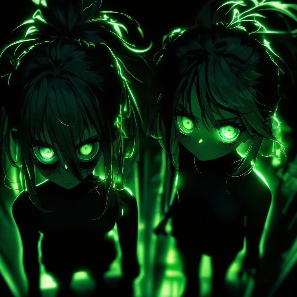  hdr photo of a couple of anime girls standing next to each other, very dark with green lights, with haunted eyes and glasses, darkart, beautiful gemini twins portrait, very dark environment, shadows of zombies, ((sharp focus)), identical picture, dark enclosed . high dynamic range, vivid, rich details, clear shadows and highlights, realistic, intense, enhanced contrast, highly detailed