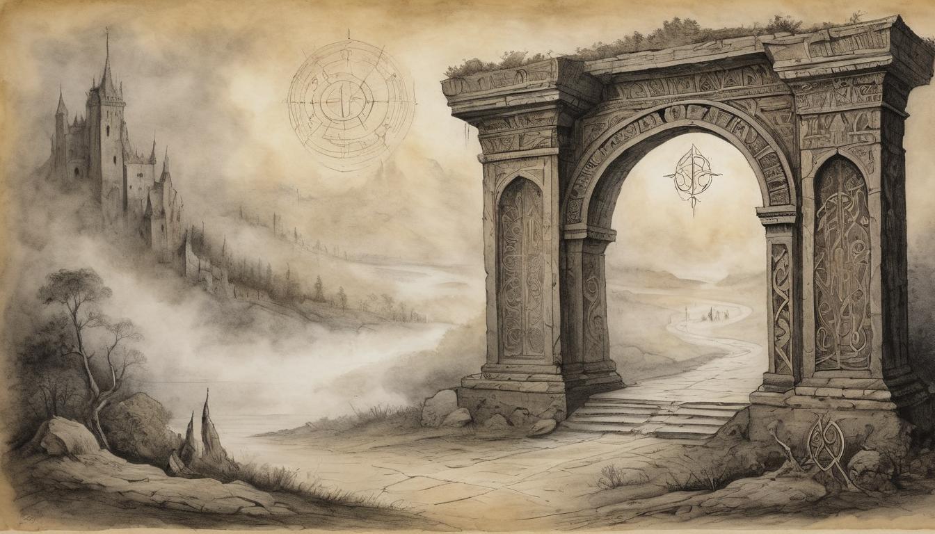  on parchment, surrealism++, a glowing gateway, filled with mist and light, ancient runes around the edges, barrier to a mystical realm(mysterious, provocative, symbolic)++