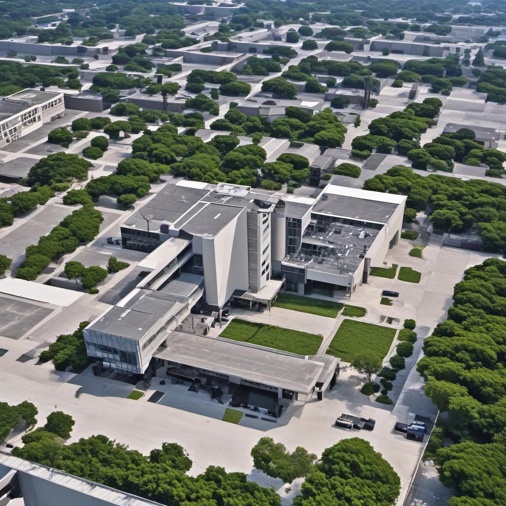  aerial view of high school cafeteria 3 stories with balcony and food lines, mystical style