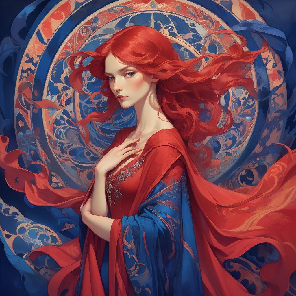  mage crimson (painting of a well endowed woman in a striking red dress), vibrant, flowing red hair, red cape draping elegantly, (deep blue psychedelic background), surreal forms and patterns intertwining, created in the style of alphonse mucha, rich color saturation, ethereal and dreamlike atmosphere, (intricate textures), visually captivating, 4k quality, poster art aesthetic.