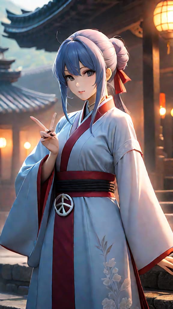  anime art: a master ninja holding a peace symbol, choosing peace over power in a mystical setting. hyperrealistic, full body, detailed clothing, highly detailed, cinematic lighting, stunningly beautiful, intricate, sharp focus, f/1. 8, 85mm, (centered image composition), (professionally color graded), ((bright soft diffused light)), volumetric fog, trending on instagram, trending on tumblr, HDR 4K, 8K