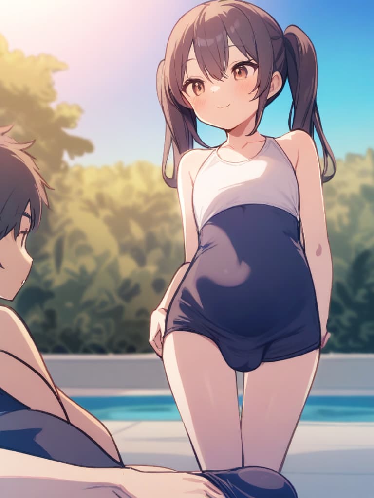  women's elementary students (male), twin tails, cute smiles, (rich s), low stature, dark blue swimwear, old swimwear, , simple (upward), male , (bulge), shaped clear , front , whole body, pool side,