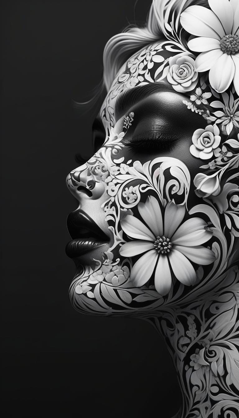  (striking black and white:1.3) digital art, featuring a (woman's face:1.2) adorned with (delicate flowers:1.3) intertwined across her features, showcasing intricate (swirly body painting:1.2). the composition highlights (ornate patterns:1.3) that flow seamlessly with her skin, capturing a (close up portrait shot:1.1) that conveys deep emotion. the artwork embodies a (dreamlike quality:1.2) reminiscent of (darek zabrocki's style:1.3), with (soft contrasts:1.1) enhancing the beauty of the (floral embellishments:1.2). the piece is designed for an (art contest:1.1) winner on behance, emphasizing (creativity and artistry:1.3).