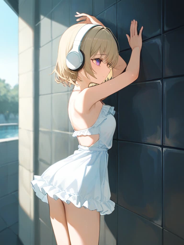  white frilled dress swimwear, back, blond twin tail, white headphones, whole body, legs, hugging on the wall, pose protruding , tile walls, small , s, slim dresses on the wall, slim dress , show your back, a small , masterpiece, best quality,8k,ultra detailed,high resolution,an extremely delicate and beautiful,hyper detail