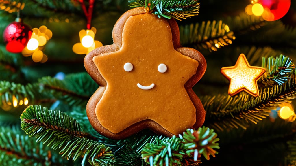  a close up of a gingerbread on a christmas tree, a picture, warm and gentle smile, cutecore, lights inside, small wide smile, with stars, caramel, beautiful wallpaper ar 16:9 {prompt}, maximum details