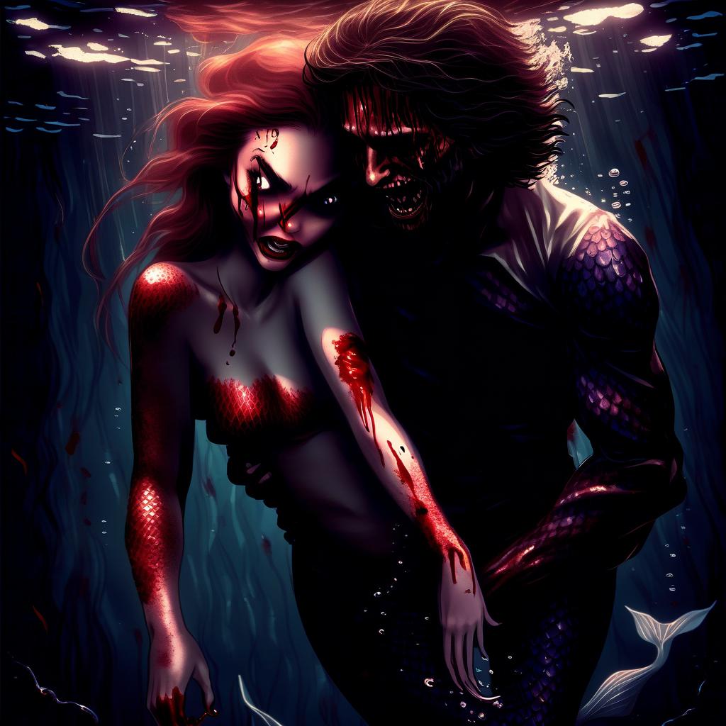  horror, art, a creepy mermaid girl grabs a man's leg under dark water and pulls to the bottom, he breaks out and he is afraid and blood begins to tear