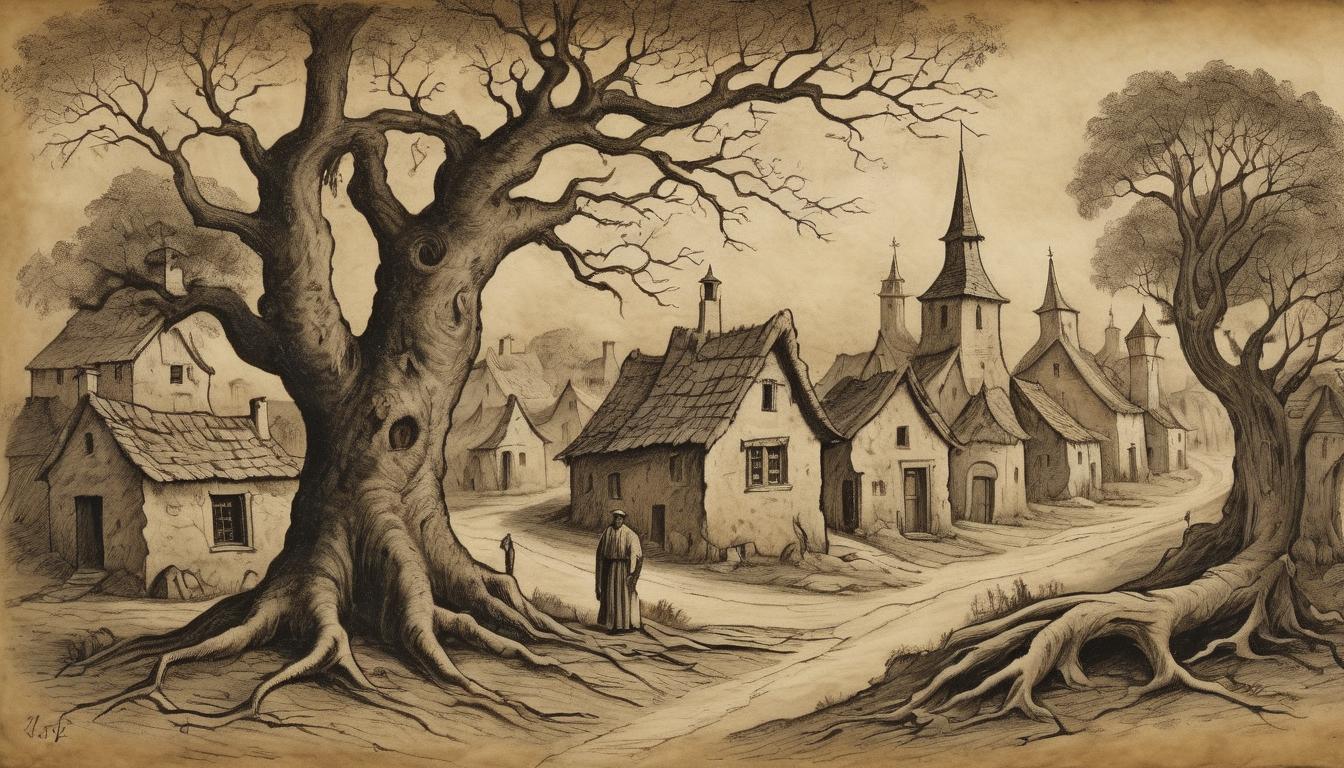  on parchment, surrealism++, village scene at dusk, weathered houses and ancient tree roots interwoven into streets, heavy shadows, sense of entrapment(mysterious, provocative, symbolic)++