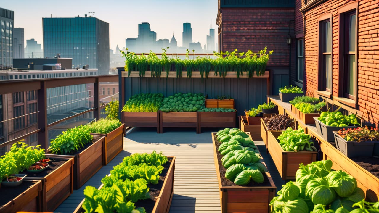  a vibrant urban garden featuring raised beds with vegetables, a small chicken coop, vertical planters on a balcony, solar panels on a rooftop, and a compost bin, all nestled within a bustling cityscape. hyperrealistic, full body, detailed clothing, highly detailed, cinematic lighting, stunningly beautiful, intricate, sharp focus, f/1. 8, 85mm, (centered image composition), (professionally color graded), ((bright soft diffused light)), volumetric fog, trending on instagram, trending on tumblr, HDR 4K, 8K