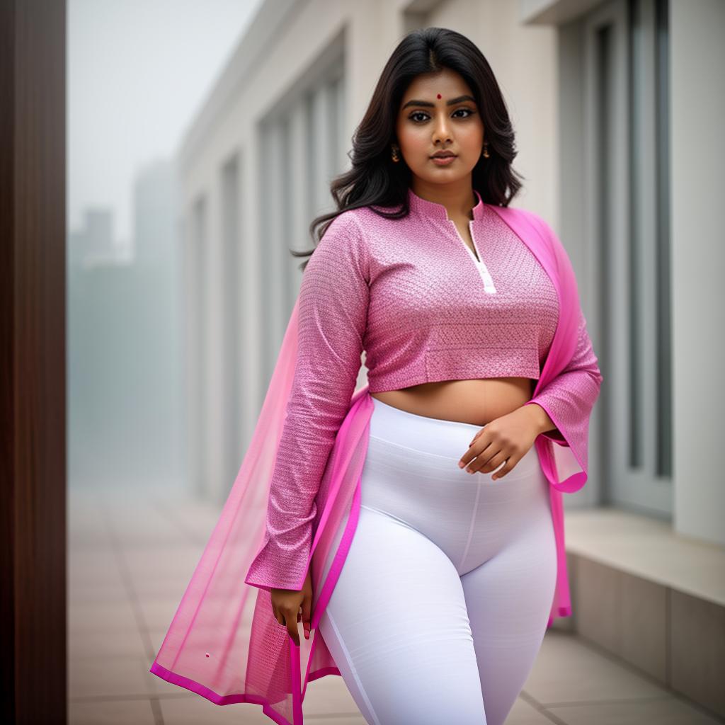  Indian plus -size woman wearing pink kurta and tights white leggings , hyperrealistic, high quality, highly detailed, cinematic lighting, intricate, sharp focus, f/1. 8, 85mm, (centered image composition), (professionally color graded), ((bright soft diffused light)), volumetric fog, trending on instagram, HDR 4K, 8K