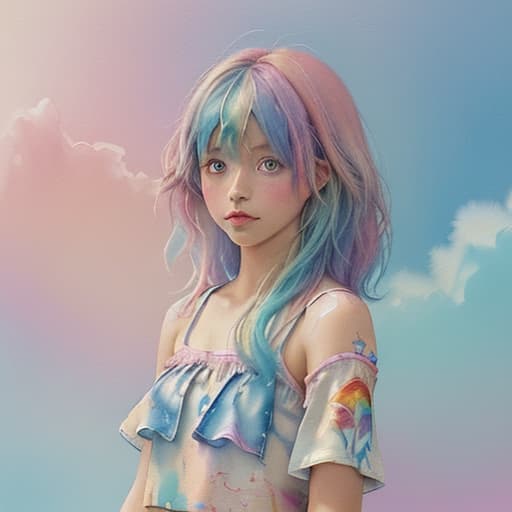  best quality,(masterpiece:1.3),ultra detailed,1girl,abstract watercolor painting of a little girl,(cowboy shot),scales,rainbow colors :1,colorful hair,blue and pink tone colors,abstract watercolor painting of cartoon clouds with emoji,rainbow colors,gradien