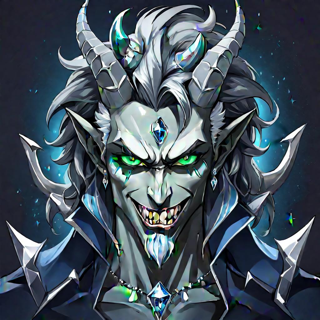  diamond devil, portrait. dark green eyes, man. kind. hair gray. with fangs and horns. colors blue, blue, silver