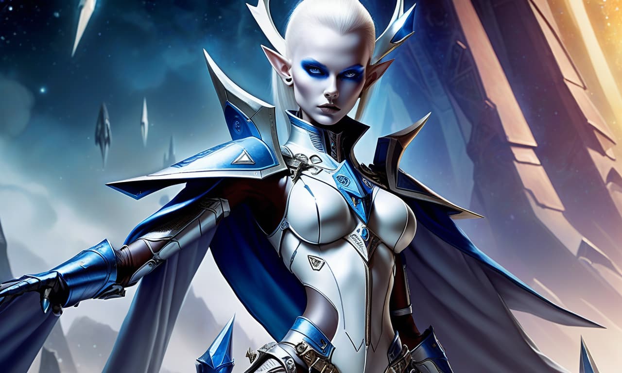  eldar female from warhammer 40000, a slender and graceful figure with milky white skin, sharp facial features, blue eyes and smooth movements; strongly pronounced feminine features, dressed in thin, elegant armor made of materials resembling crystals, with spikes and sharp angles; against the background of an eldar spaceship; a ghostly halo around the head; bright colors and great attention to the details.