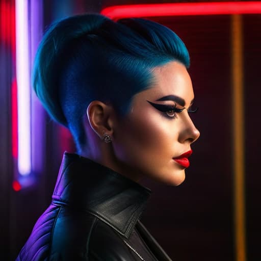  ultra realistic close up portrait ((beautiful pale cyberpunk female with heavy black eyeliner)), blue eyes, shaved side haircut, hyper detail, cinematic lighting, magic neon, dark red city, canon eos r3, nikon, f/1.4, iso 200, 1/160s, 8k, raw, unedited, symmetrical balance, in frame, 8k hyperrealistic, full body, detailed clothing, highly detailed, cinematic lighting, stunningly beautiful, intricate, sharp focus, f/1. 8, 85mm, (centered image composition), (professionally color graded), ((bright soft diffused light)), volumetric fog, trending on instagram, trending on tumblr, HDR 4K, 8K