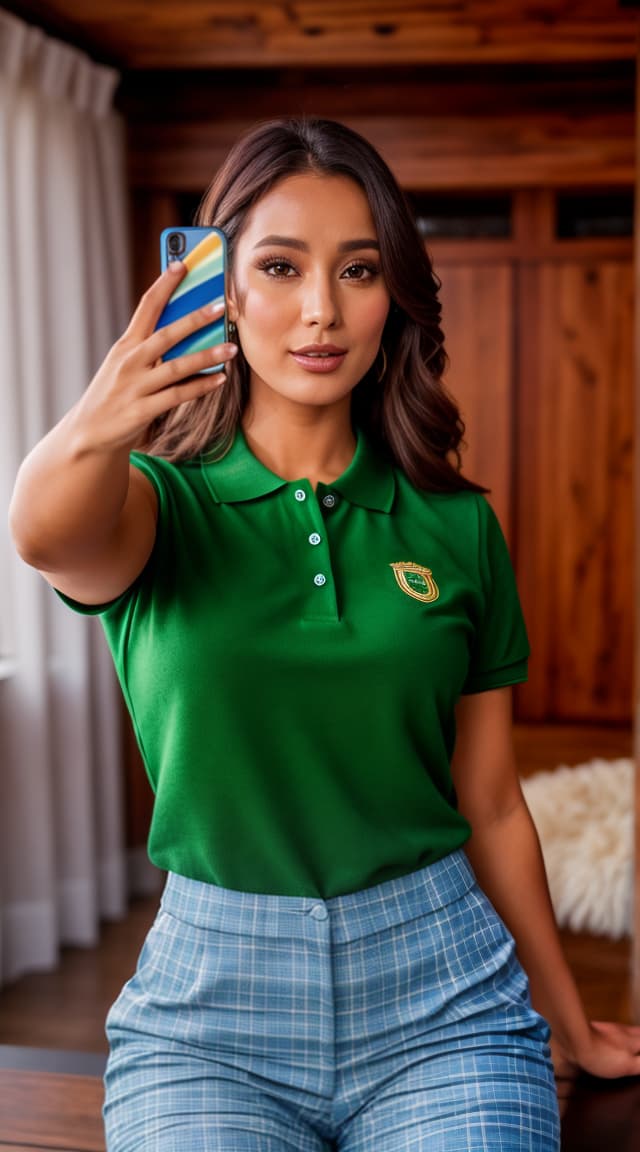  (((dressed))), (((realistic full torso selfie))), young and colombian lia ponce actress young sy cute, sitting with arms raised above head look looking into the camera, ((wearing green fitted polo with emblem and plaid pants)), taking photos in background, 1girl, best quality, highest quality, award winning photo, masterpiece, raw, hyperrealistic, full body, detailed clothing, highly detailed, cinematic lighting, stunningly beautiful, intricate, sharp focus, f/1. 8, 85mm, (centered image composition), (professionally color graded), ((bright soft diffused light)), volumetric fog, trending on instagram, trending on tumblr, HDR 4K, 8K