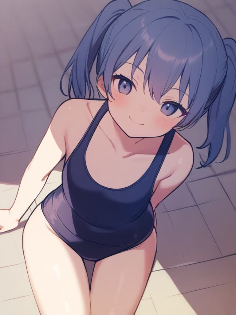  women's elementary students (male), twin tails, cute smiles, (rich s), short stature, dark blue swimwear, old swimwear, swimwear, simple, male (upward), (swelling), clear shape. , front, whole body, pool side,