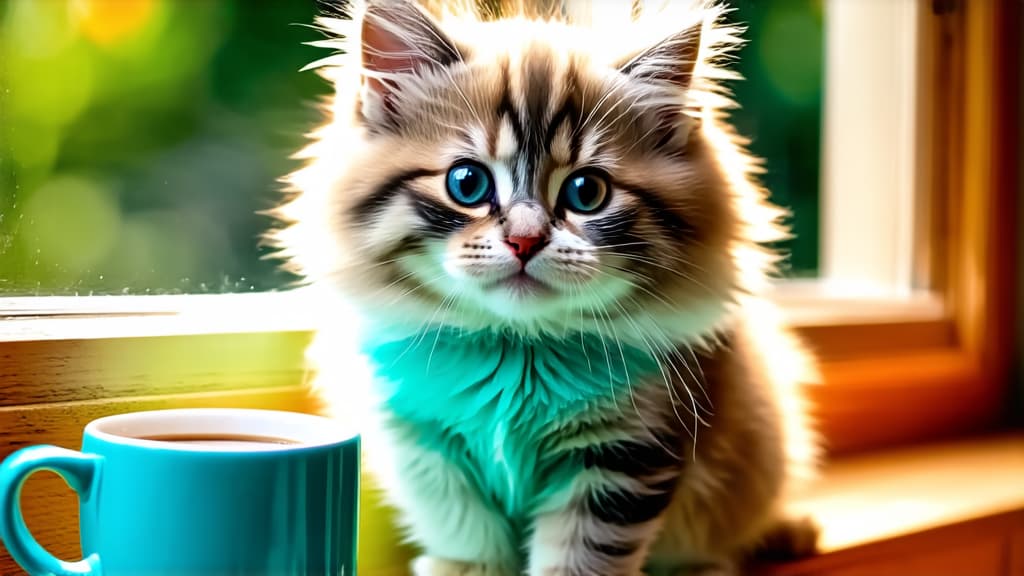  close up of a fluffy kitten with a coffee mug, on the window sill, photo, very cute, turqouise, wallpaper, good morning, rays of morning sun, fully covered, incredibly beautiful postcard ar 16:9 {prompt}, maximum details