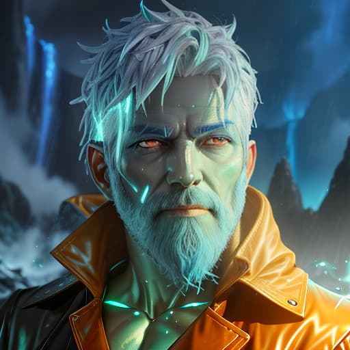  male genasi of water with pale blue hairs, pale blue beard and monocular on eye. He wears a dark green raincoat, a black leather jacket and a linen shirt, (Extremely Detailed Oil Painting:1.2), glow effects, godrays, Hand drawn, render, 8k, octane render, cinema 4d, blender, dark, atmospheric 4k ultra detailed, cinematic sensual, Sharp focus, humorous illustration, big depth of field, Masterpiece, colors, 3d octane render, 4k, concept art, trending on artstation, hyperrealistic, Vivid colors, extremely detailed CG unity 8k wallpaper, trending on ArtStation, trending on CGSociety, Intricate, High Detail, dramatic hyperrealistic, full body, detailed clothing, highly detailed, cinematic lighting, stunningly beautiful, intricate, sharp focus, f/1. 8, 85mm, (centered image composition), (professionally color graded), ((bright soft diffused light)), volumetric fog, trending on instagram, trending on tumblr, HDR 4K, 8K