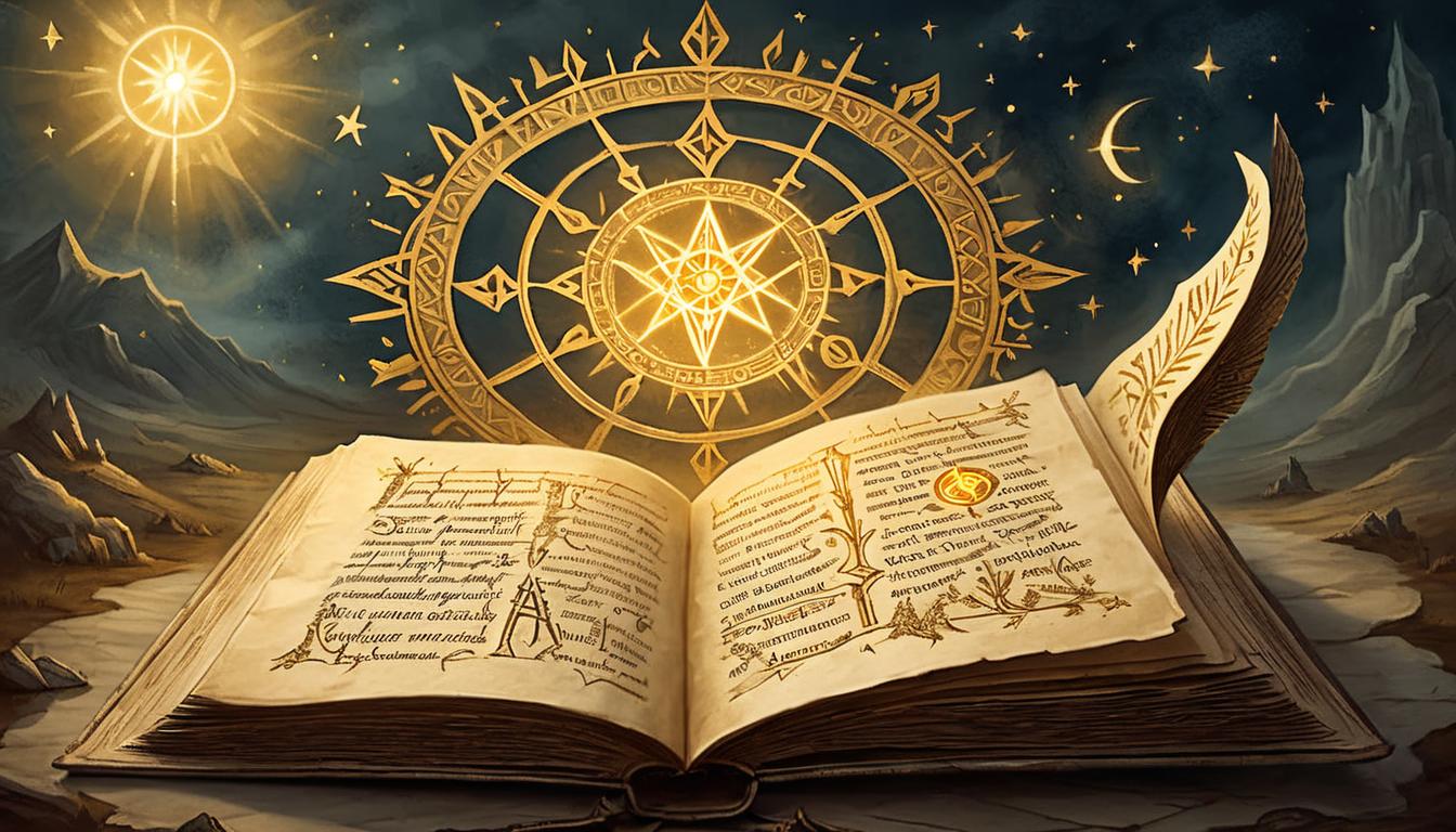  on parchment, surrealism+++, an open book with glowing runes, golden light illuminating pages, storytelling, wisdom, mystical(mysterious, provocative, symbolic,muted color)+++