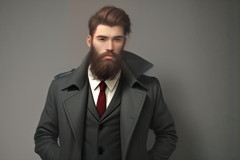  a young man in a coat and shirt, with a neat beard