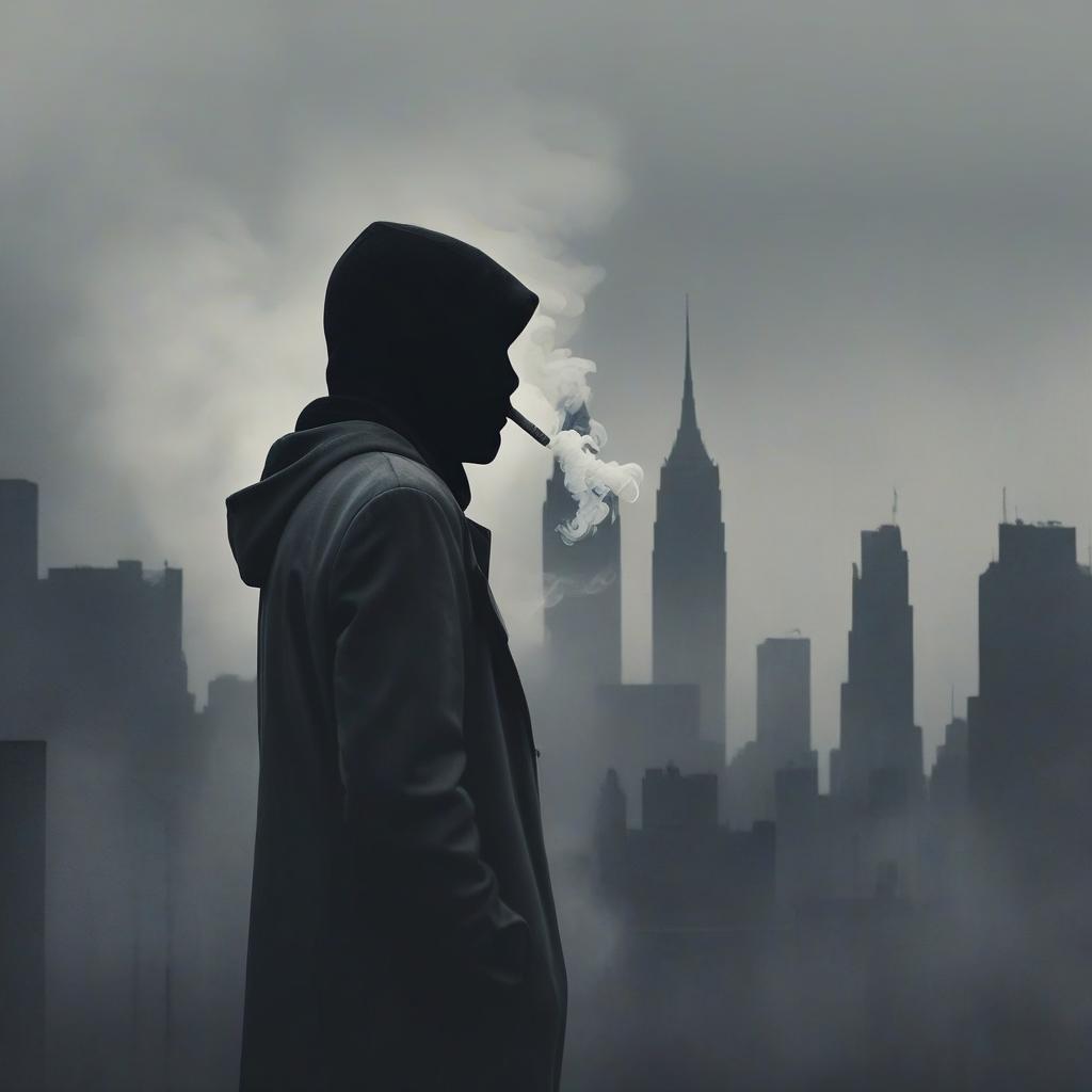  cover for a song in retro style, against the background of a gray city, gray tones, dark tones, one silhouette of a smoking person who does not see a face, a person far from the main exhibition, looks into the distance, stands with his back in the hood