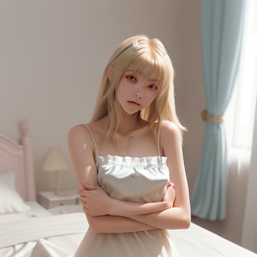  soft light, straight hair, innocent, blurred background, sony master lens, 3d style, realistic, mordred color, tiffany, miss, sweet girl, bodyguard and miss, hug, in the bedroom.