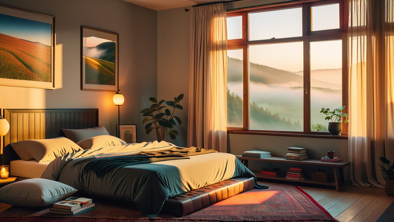  a serene sunrise scene with a peaceful bedroom, an open window letting in soft light, a cozy bed with a journal and a steaming cup of tea on a bedside table, and a yoga mat on the floor. hyperrealistic, full body, detailed clothing, highly detailed, cinematic lighting, stunningly beautiful, intricate, sharp focus, f/1. 8, 85mm, (centered image composition), (professionally color graded), ((bright soft diffused light)), volumetric fog, trending on instagram, trending on tumblr, HDR 4K, 8K