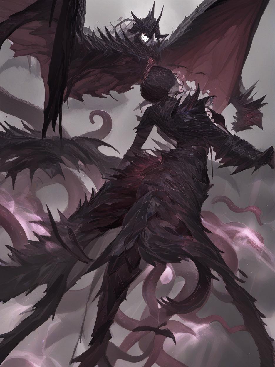  an anime photo of a sorceress wearing a mixture of matte black metal with armor of iridescent synthetic cloths. the woman transformed into a monstrous black dragon, merging with her armor, creating a terrifying, toothy, eyeless smile with several red rune marks on her black body, tentacles on her back and frightening broken wings, red rays coming out of her body and scaring everyone who meets her . best quality, high resolution