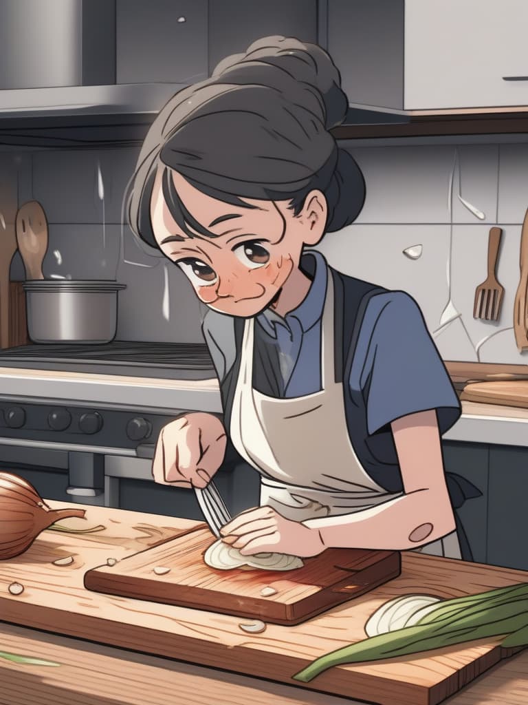  kitchen,woman wearing apron {cutting onion🧅 with knife on cutting board,(tears while slicing onion🧅 into thin strips:1.4)sliced onion🧅 on cutting board},super detail,high resolution,absurd,employed,