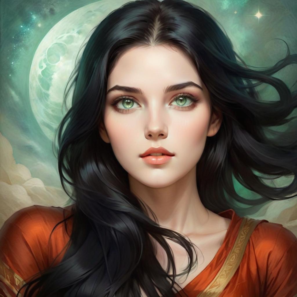  ethereal fantasy concept art of young woman. beautiful. long black hair. pale green eyes. fantasy . magnificent, celestial, ethereal, painterly, epic, majestic, magical, fantasy art, cover art, dreamy, on parchment, oil painting