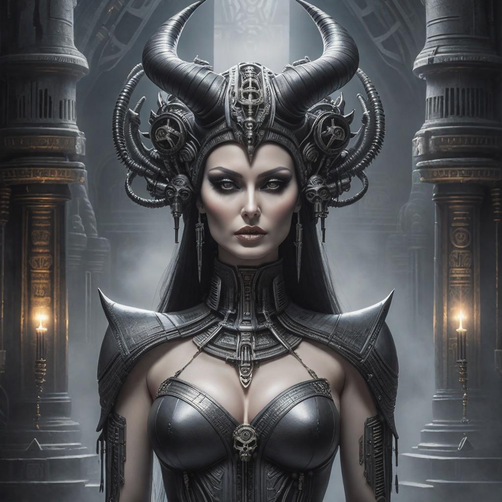  full body picture of ((())) young in a h.r.giger style painting. she stands far away and exposes her s. face shape is triangular with prominent cheekbones and a narrow straight nose. body shape with narrow shoulders. tiny s. long legs. eyes are half closed and have creepy white pupils. stand straight before the camera. skin is pale gray, full black lips. face is flawless. wears an impressive headdress covering her ears and forehead with large devil horns and lots of small biomechanical details, tiny skulls and occult symbols. she has no eyebrows. the scene is inside a very dark ancient occult temple with satanic symbols and lots of biomechanic elements everywhere. some fog rises. , ((mystical)) hyperrealistic, full body, detailed clothing, highly detailed, cinematic lighting, stunningly beautiful, intricate, sharp focus, f/1. 8, 85mm, (centered image composition), (professionally color graded), ((bright soft diffused light)), volumetric fog, trending on instagram, trending on tumblr, HDR 4K, 8K