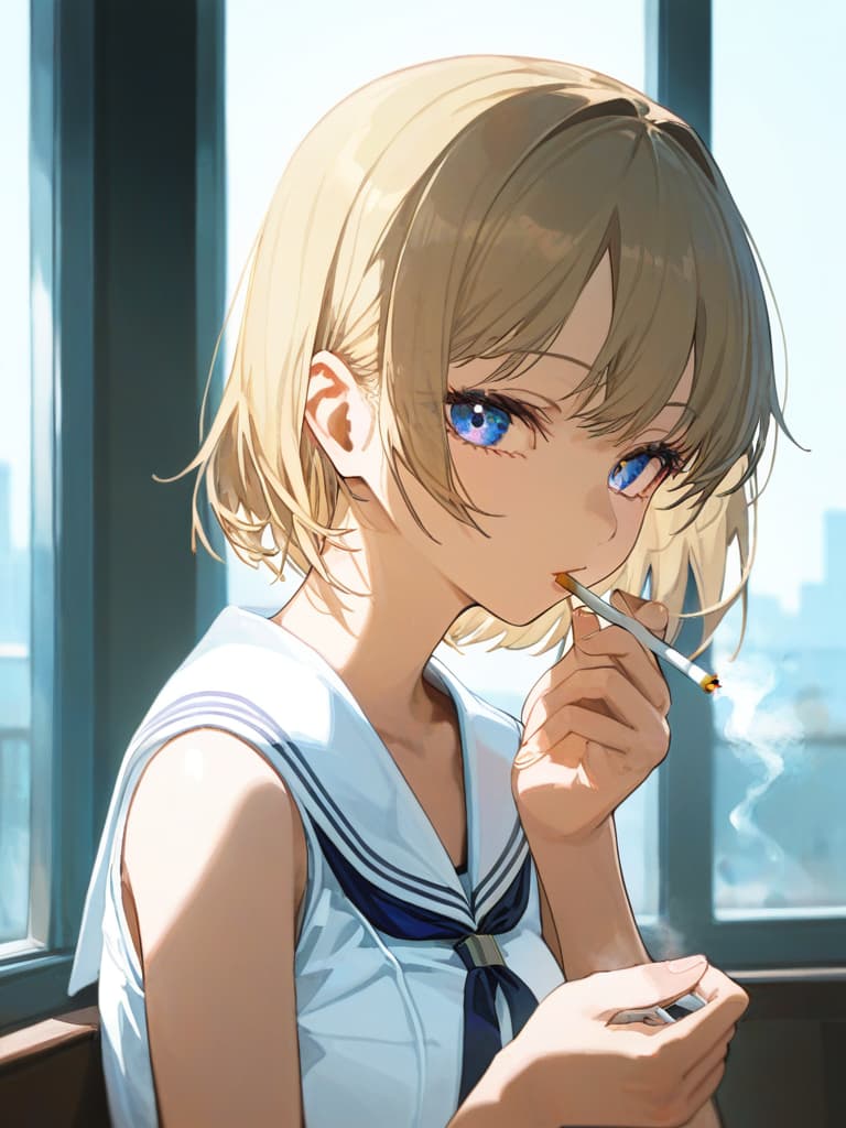  headphones, whole body, blue eyes, blonde bob cut s, white pleated s, white sailor uniforms, s who smoke spider nest on the left arm, with purple rose on the left , ing cigarettes, holding cigarettes, masterpiece, best quality,8k,ultra detailed,high resolution,an extremely delicate and beautiful,hyper detail