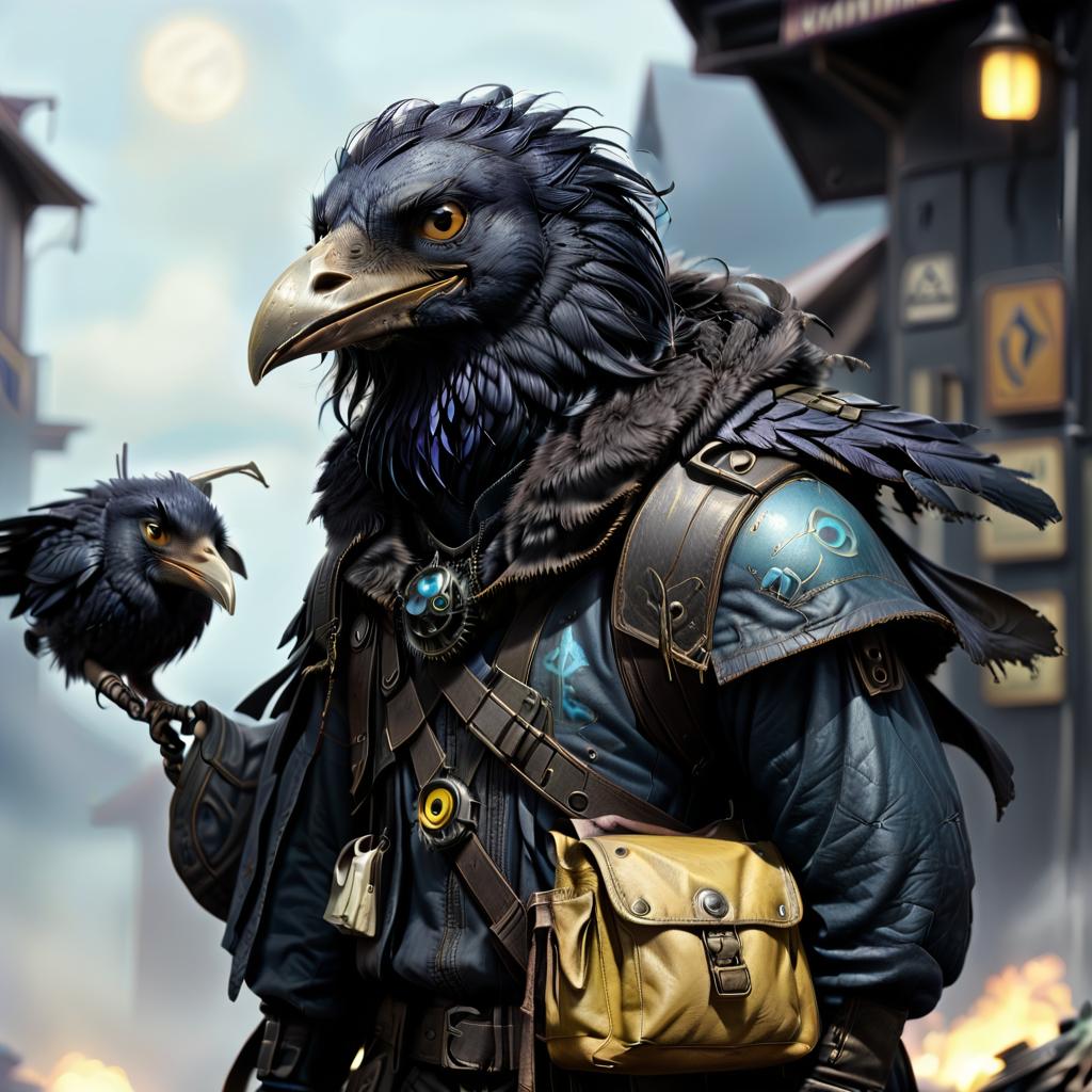  dystopian style black with blue tint avian humanoid race with raven head alchemist, cape, mischievous yellow eyes, smiling, rags and leather cloak with lots of pockets, big backpack with pockets, bomb in hand . bleak, post apocalyptic, somber, dramatic, highly detailed, civitai