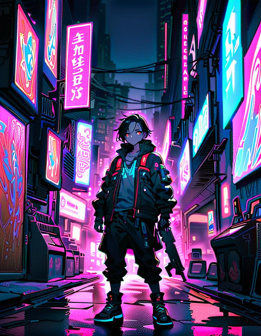  young male with mash hair, holding a gun, standing confidently, cool and determined, break vibrant cyberpunk city, neon lit urban alleyway, graffiti, neon signs, street vendor cart, futuristic vehicles, break futuristic, edgy, bright neon lights, glowing signs, cybernetic enhancements,