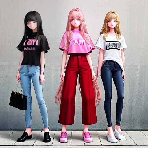  three girls. on the left is a girl with pink long hair turkmen with brown eyes in cute everyday clothes jeans and a t shirt with a bunny. in the middle is a girl with green eyes black lush hair in sportswear men's sports shorts and a large black t shirt. on the right is a girl blonde with kare without bangs and blue eyes and in pink expensive luxury clothes from the brand chanel