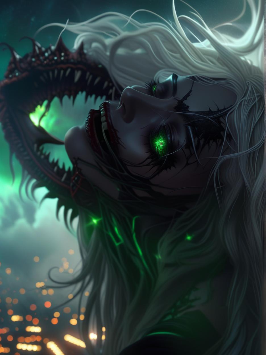  best quality, hd, hauntingly beautiful yet extremely terrifying female cosmic horror entity with glowing green eyes, pale white skin, long white hair, and an extremely wide evil smile with the skin of her cheeks horizontally ripped from the corner of the lip up the cheek and torn with very long fanged teeth with a cosmic background hyperrealistic, full body, detailed clothing, highly detailed, cinematic lighting, stunningly beautiful, intricate, sharp focus, f/1. 8, 85mm, (centered image composition), (professionally color graded), ((bright soft diffused light)), volumetric fog, trending on instagram, trending on tumblr, HDR 4K, 8K