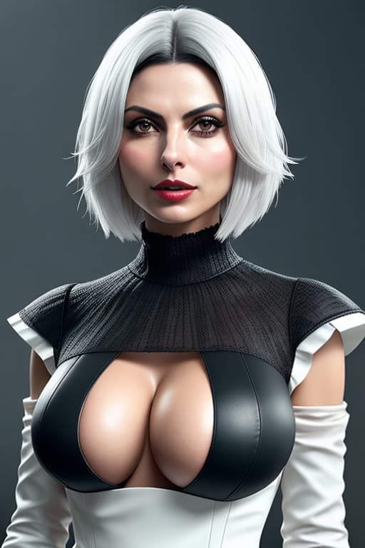  score 9, score 8 up, score 7 up, best quality, masterpiece,realistic, morena baccarin, solo, yorha no. 2 type b, puffy sleeves, dress, short hair, white hair, black dress, juliet sleeves, hairband, dark make up, breasts, deep cleavage, long sleeves, parted lips, clothing cutout, black hairband, huge breasts, braless, covered eyes, mole under mouth, mole, lips, carmin red lips, belly buttton, nipples, nose, facing viewer, hair over eyes, teeth hyperrealistic, full body, detailed clothing, highly detailed, cinematic lighting, stunningly beautiful, intricate, sharp focus, f/1. 8, 85mm, (centered image composition), (professionally color graded), ((bright soft diffused light)), volumetric fog, trending on instagram, trending on tumblr, HDR 4K, 8K