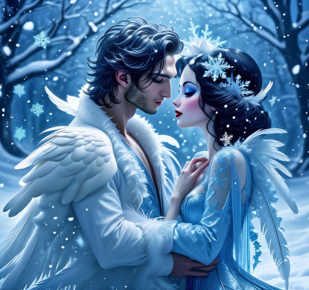  dreamscape thy name is (kiss the snow1,2) . ((key, (ice, blue1,6 sip)) ((blue eyed)) i've been jinxed ((snow singer1,8) . ((snow swan)) ((the snow swan)) feathers at my feet.( feathers flutter and slowly sink into the snow). (snow white swan): the head and body are creamy white with a silvery tint. wings of white blue colour from snowflakes (roses): light blue colour with leaves from ice crystals. background:soft blue with delicate patterns of falling snow and curls of blizzards, ice patterns on water.(style):fantasy, romantic art, silver age poetry, 19th century, dedication. . surreal, ethereal, dreamy, mysterious, fantasy, highly detailed, civitai, hkmagic