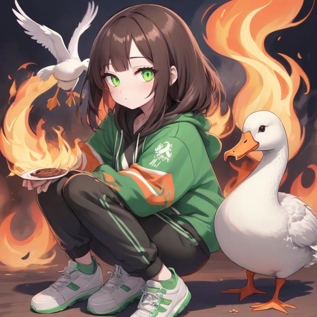  anime girl with chocolate hair with green eyes in a tracksuit with a goose in her hands around a flame