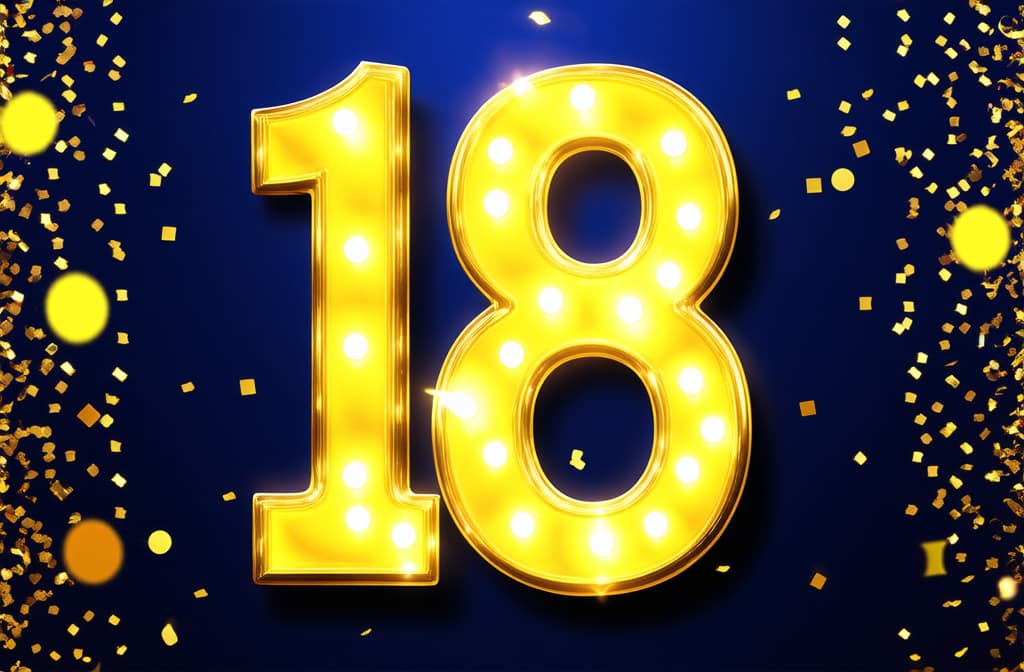  number 18 with golden bokeh lights and confetti, festive birthday celebration ar 3:2 {prompt}, maximum details