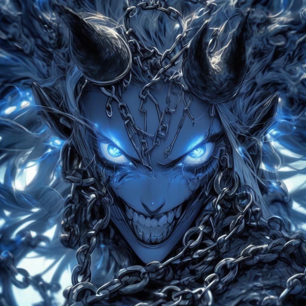  hdr photo of a with blue eyes and a chain around her neck, anime nature wallpap, demon white horns, spiritual eerie creepy picture, there is a glow coming from her, discord profile picture, benevolent android necromancer, f 2, dormant in , #, defence, pfp, beautiful blue glowing eyes . high dynamic range, vivid, rich details, clear shadows and highlights, realistic, intense, enhanced contrast, highly detailed