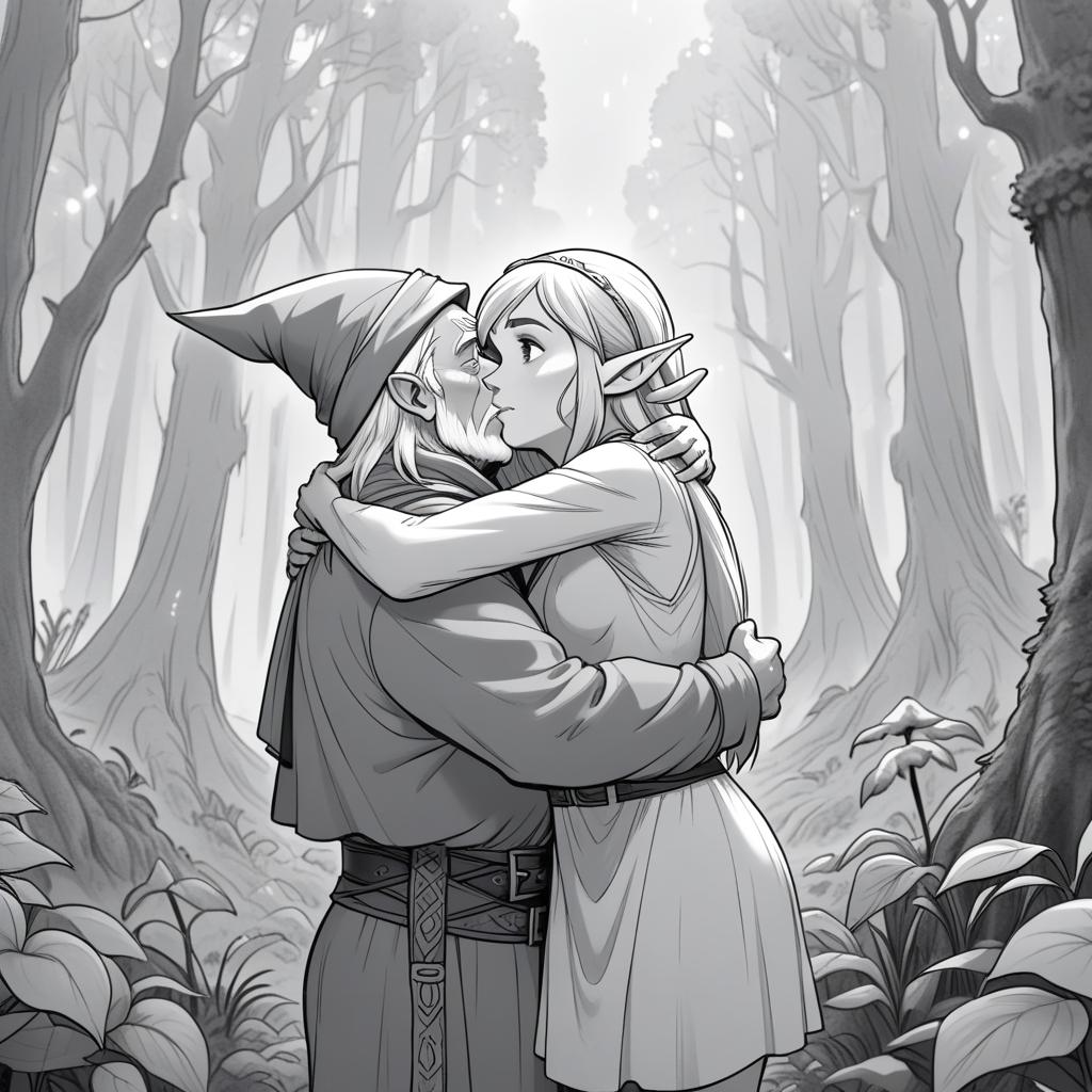  manga artwork fantasy, greyscale monochrome, manga materials, young female elf hugging elder gnome with conus hat in the middle of misty forest, frontal perspective, middle horison point, fullsize body view. manga artist. manga, highly emotional. best quality, high resolution