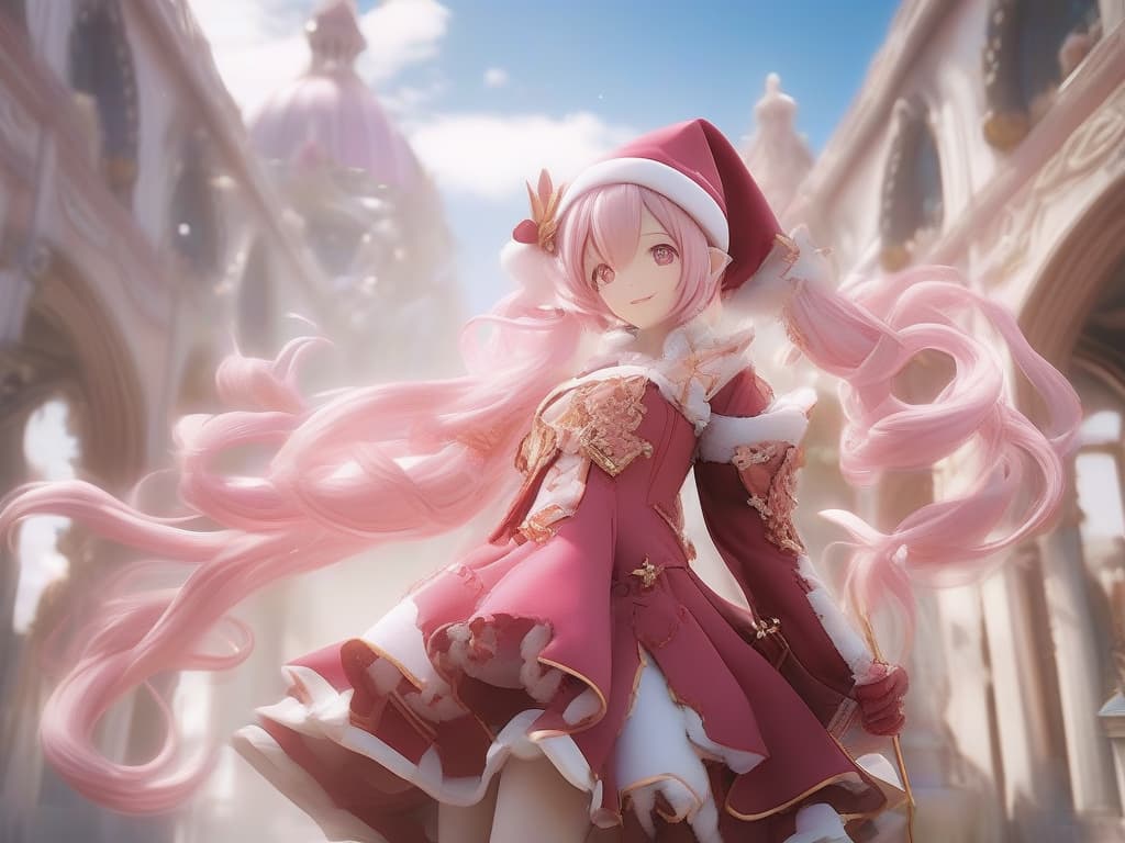  santa cosplay twin tails pink hair color, smile, masterpiece, best quality,8k,ultra detailed,high resolution,an extremely delicate and beautiful,hyper detail