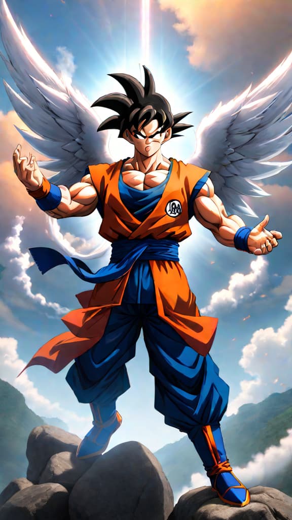  anime art: goku from dragon ball training with angels, mastering ultra instinct to surpass whis. hyperrealistic, full body, detailed clothing, highly detailed, cinematic lighting, stunningly beautiful, intricate, sharp focus, f/1. 8, 85mm, (centered image composition), (professionally color graded), ((bright soft diffused light)), volumetric fog, trending on instagram, trending on tumblr, HDR 4K, 8K